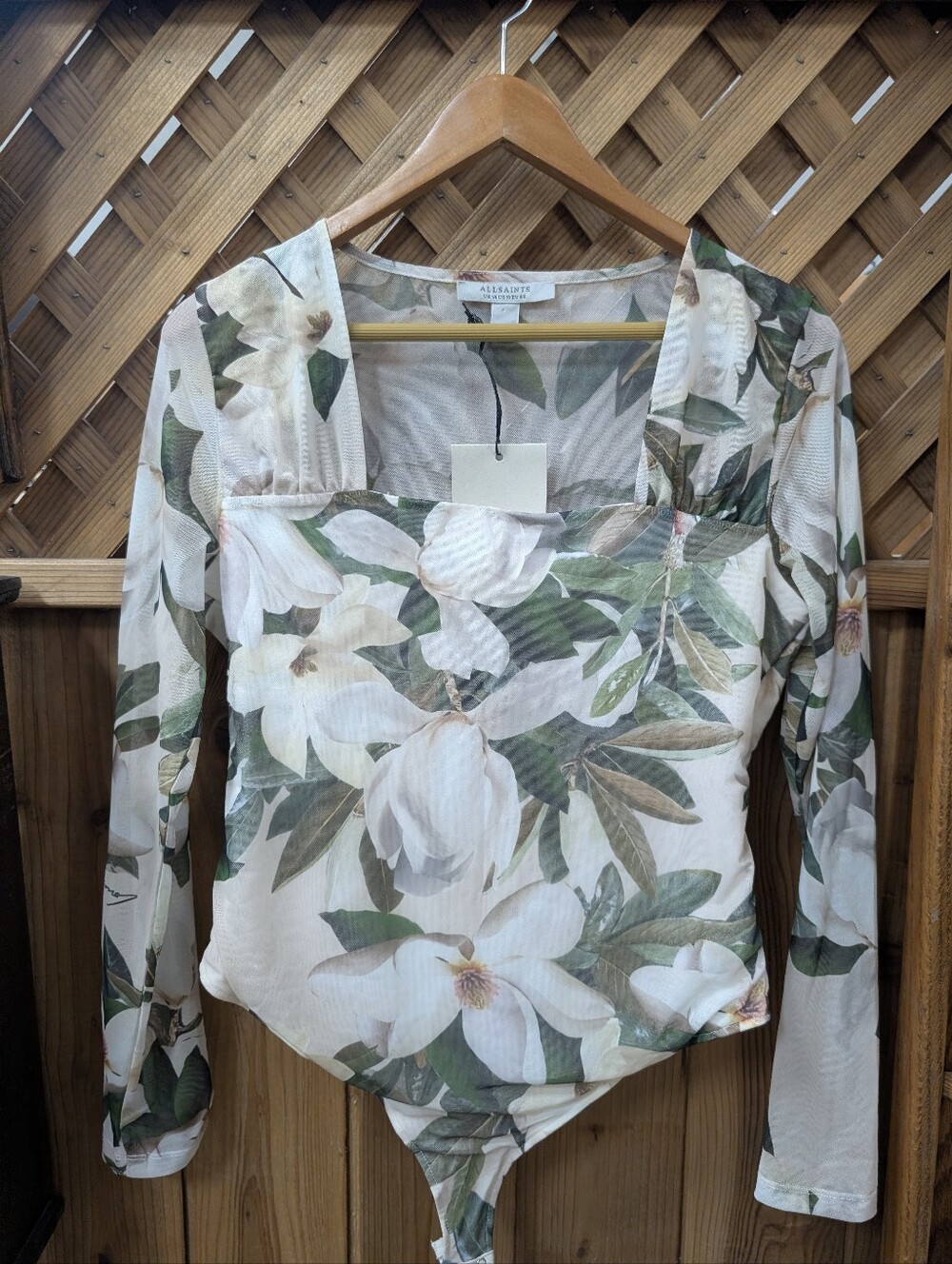 NWT AllSaints Floral Mesh Long Sleeve Bodysuit Size US 10